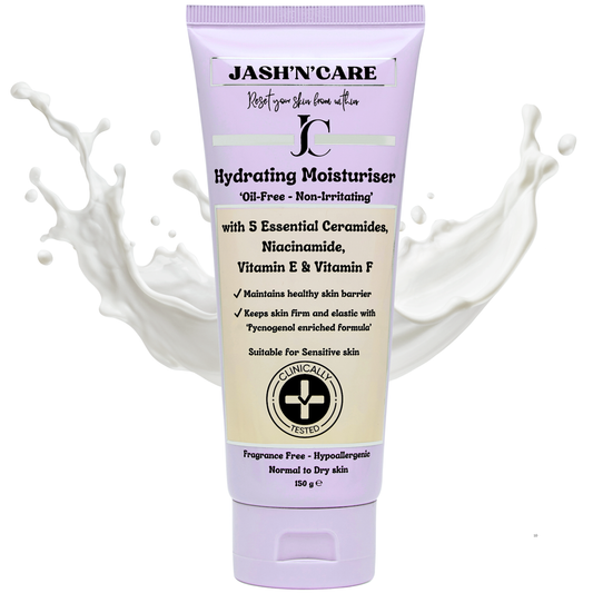 JASH’IN’CAYR Hydrating Moisturiser product image. Oil-free, non-irritating formula with 5 essential ceramides, niacinamide, vitamins E and F. Suitable for sensitive, normal to dry skin. Clinically tested, fragrance-free, hypoallergenic.